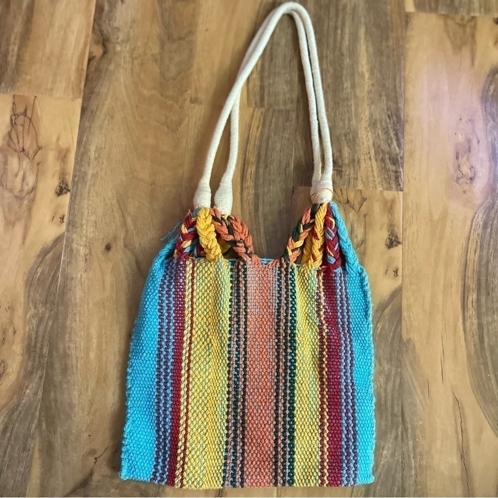 Handwoven Chiapas Loom Cotton Tote Bag Multicolor Festival Summer - Picture 2 of 6